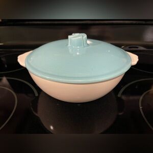 Vintage Ceramic Covered Serving Bowl Pastel Blue and White